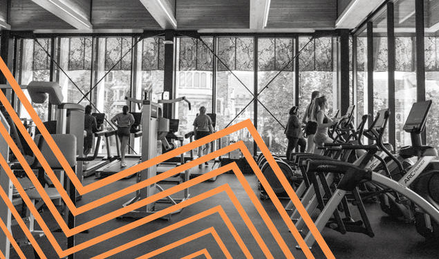 A black and white photo of people working out at a gym, with orange lines zigzagging over the left side.