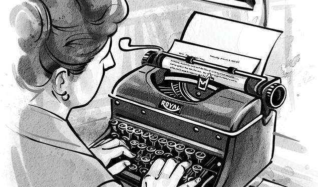 Illustration of a woman typing on a typewriter.