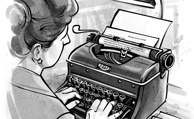 Illustration of a woman typing on a typewriter.