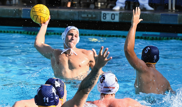 Roko Pozaric prepares to shoot in a Princeton water polo game at Pepperdine