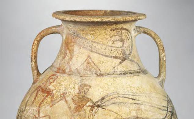 ancient jar with two handles featuring an image of a warrior and chariot