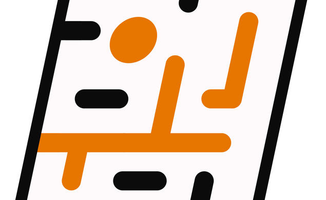 A square leaning to the right with orange and black lines inside it.