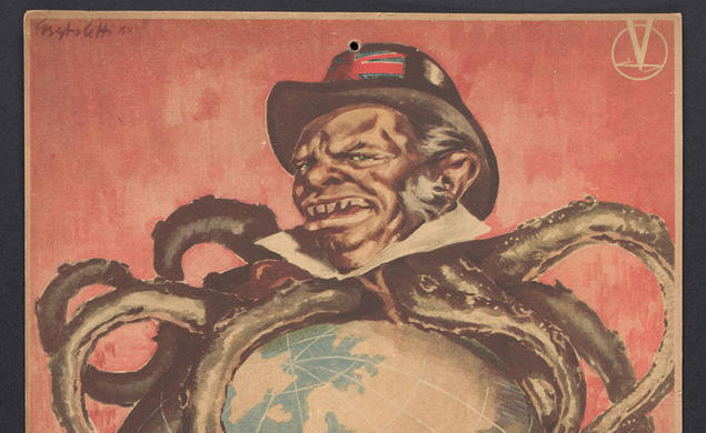 Poster with a human-faced octopus figure wrapped around a globe