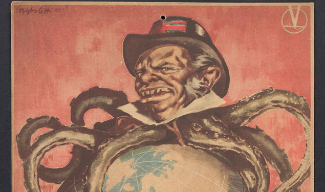 Poster with a human-faced octopus figure wrapped around a globe