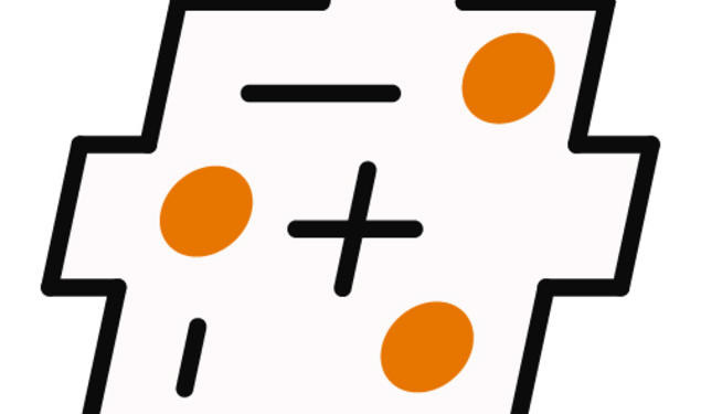 A geometric shape with orange circles and plus and minus signs inside.