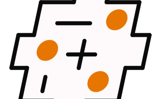 A geometric shape with orange circles and plus and minus signs inside.