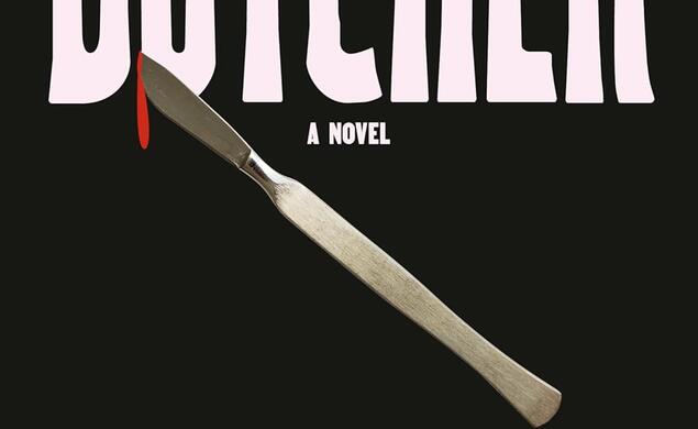 Book cover of Butcher by Joyce Carol Oates which is black with white test and a knife dripping blood