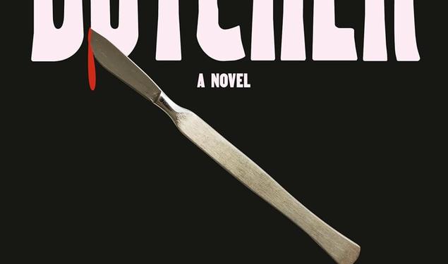 Book cover of Butcher by Joyce Carol Oates which is black with white test and a knife dripping blood