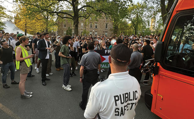 Public Safety officers patrol during the occupation of Clio Hall amid last spring’s pro-Palestinian protests.