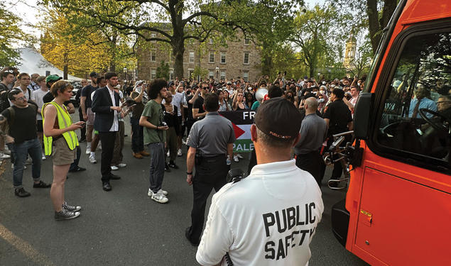 Public Safety officers patrol during the occupation of Clio Hall amid last spring’s pro-Palestinian protests.