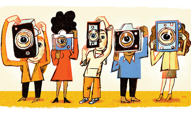 illustration showing diverse male and female students holding various types of cameras