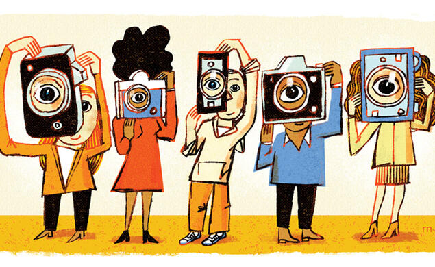illustration showing diverse male and female students holding various types of cameras