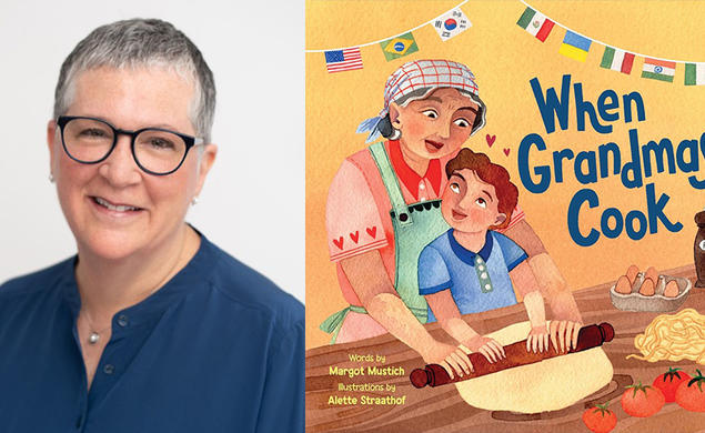 A photo of Margot Mustich and the cover of her book, "When Grandmas Cook."
