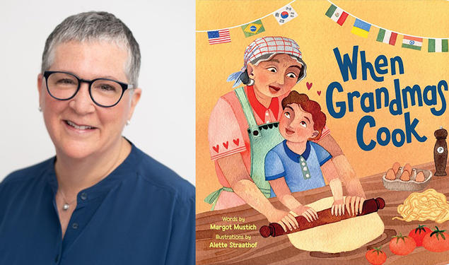 A photo of Margot Mustich and the cover of her book, "When Grandmas Cook."