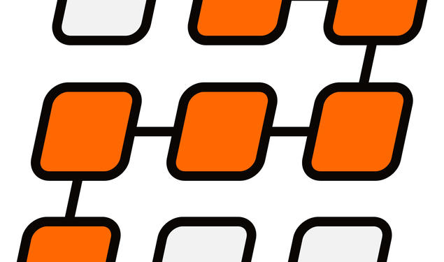 Nine rhombuses arranged in three rows, with six that are orange connected.