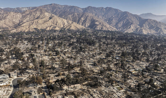 Drone view of Altadena, California, after the Eaton fire destroyed much of it.