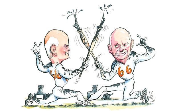 illustration of two men sword fighting with fountain pens