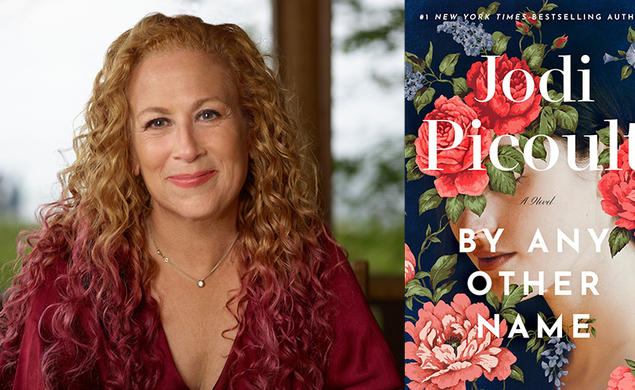 Jodi Picoult ’87 with the cover of her book, By Any Other Name, which has a painting of a woman's face with roses over her eyes.
