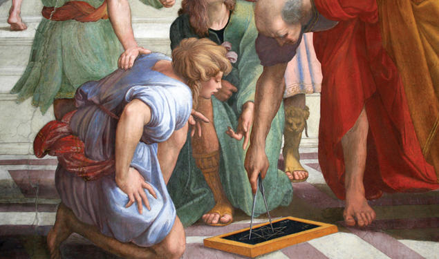 Detail of Raphael’s impression of Euclid teaching students in The School of Athens (1509–1511).