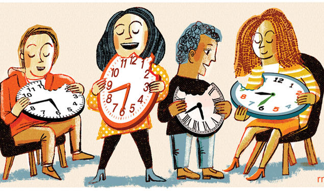 Illustration of hungry students eating clocks