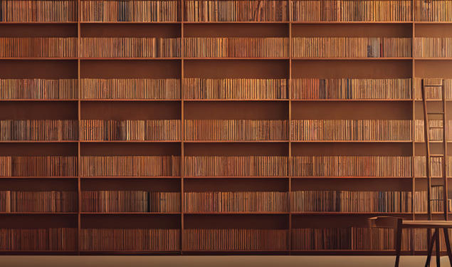 Long rows of old brown books with ladder reaching high up into the stacks