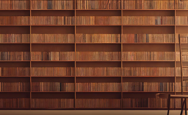 Long rows of old brown books with ladder reaching high up into the stacks