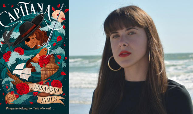 Photo of Cassandra James ’23 and the cover of her book "Capitana," featuring an illustration of a pirate.