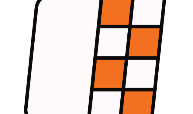 A slanted square where the right half is eight smaller squares checkerboarded in white and orange.