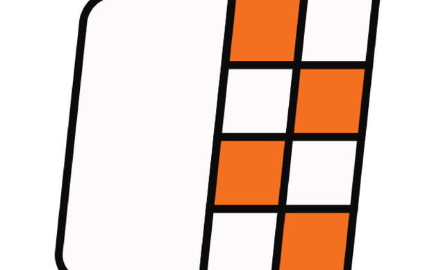 A slanted square where the right half is eight smaller squares checkerboarded in white and orange.