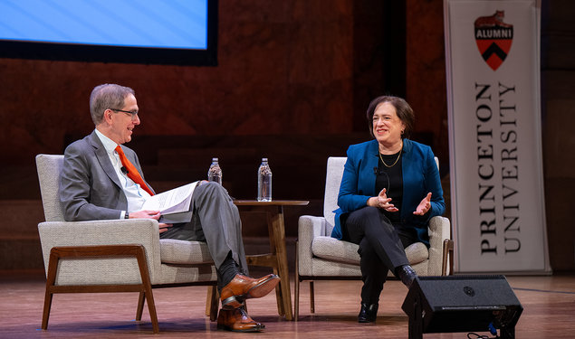 Christopher Eisgruber and Elena Kagan seated on stage at Richardson Auditorium