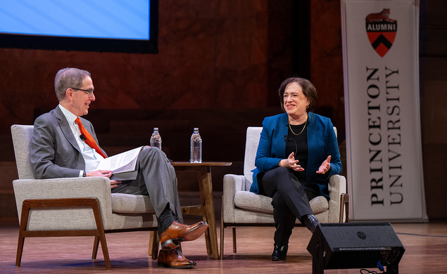 Christopher Eisgruber and Elena Kagan seated on stage at Richardson Auditorium
