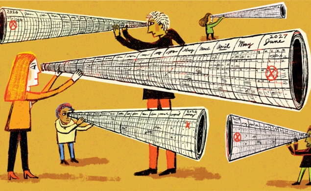 illustration of students looking to the future thorugh rolled up calendars that look like telescopes