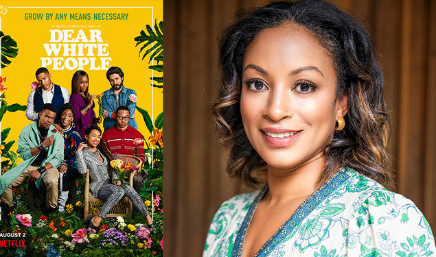 Photo of Natalie Temesgen with the poster for "Dear White People."