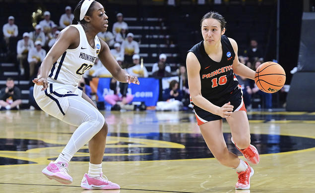 Skye Belker ’27 drives to the basket in Princeton’s 2024 NCAA Tournament game against West Virginia