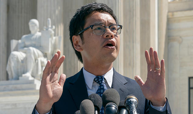 Dale Ho ’99 speaks to reporters after he argued before the Supreme Court against the Trump administration’s plan to ask about citizenship on the 2020 census in 2019. 