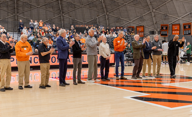 Members of the 1975 NIT championship team at Jadwin Gym
