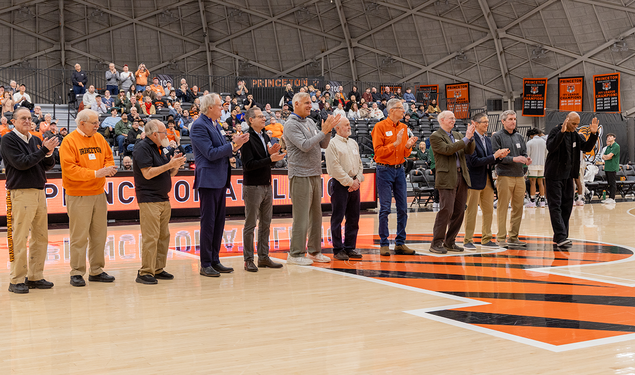 Members of the 1975 NIT championship team at Jadwin Gym