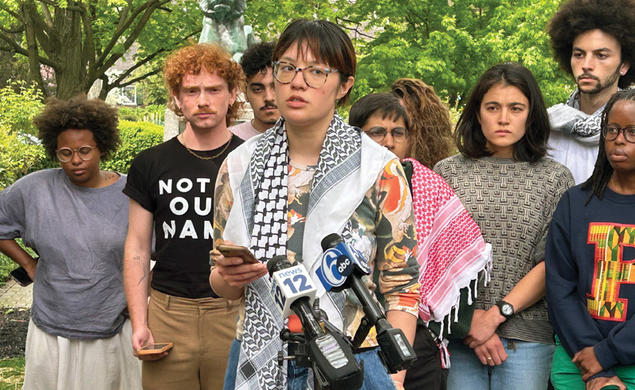 At a press conference last year, Clio Hall protesters spoke about their arrests.  Their trial begins April 14.