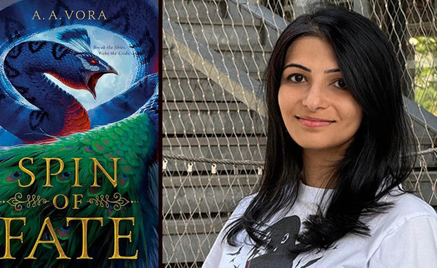 A photo of Ambika Vora-Nagino ’15 and the cover of her book, "Spin of Fate," featuring a green-and-blue image of a fantasy bird with a long neck.