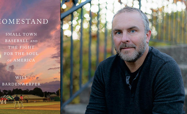 Will Bardenwerper and the cover of his book, "Homestand," featuring a photo of a local ballpark at sunset.