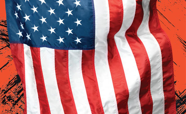 American Flag on tatter orange background