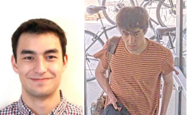 Two images of Lauren Blackburn ’26, a young man with dark hair and light skin. One is a smiling headshot photo; the other appears to be from a security camera capturing him walking into a building.