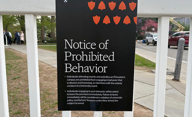 A sign outside McCosh Hall, where the Israeli ambassador spoke, reads "Notice of Prohibited Behavior."
