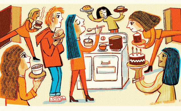 Illustration of multiple students brining food to a shared meal