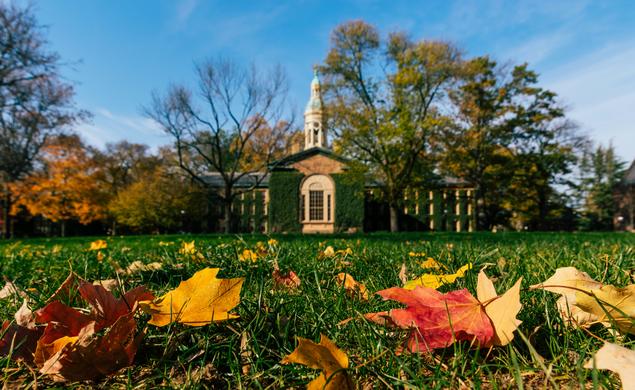 Nassau Hall during the fall with yellow and orange leaves in the foreground