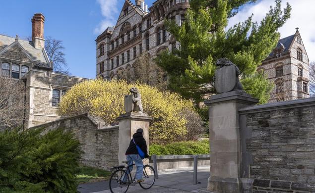 Bicyclist rides through a gateway flanked by two tiger statues holding shields