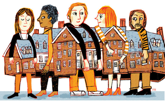 Illustration of Forbes Hall being held up by many students