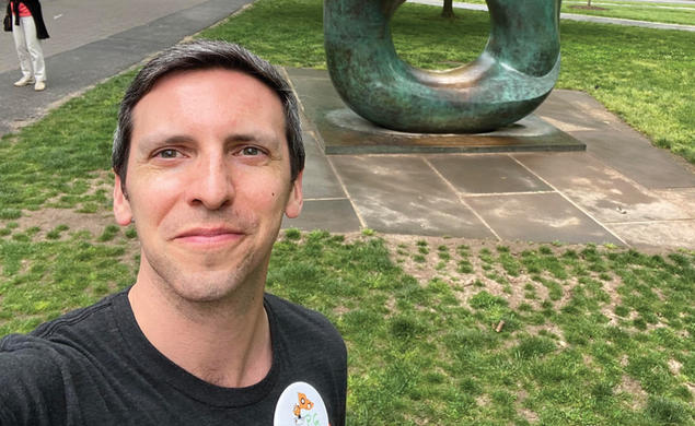 P.G. Sittenfeld ’07 takes a selfie in front of the Oval with Points sculpture at Reunions in 2022.