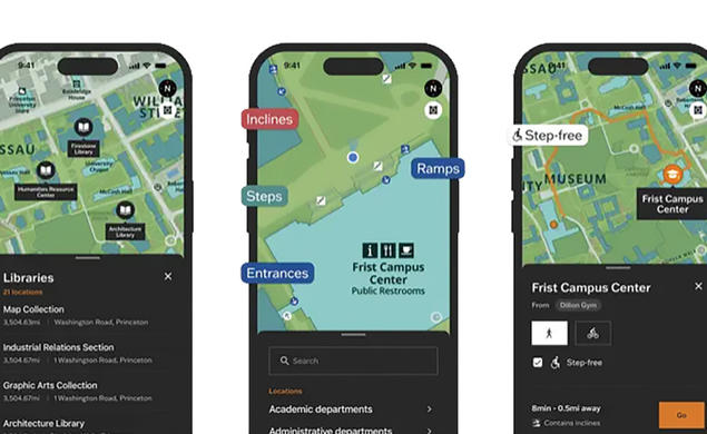 Screenshots of the Princeton campus accessibility app