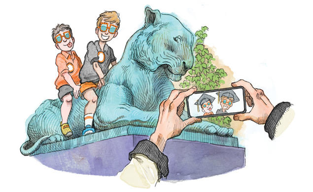 Illustration of two young boys sitting on the Princeton Tiger statue's and having their picture taken